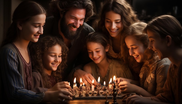 Group of people sitting together smiling holding candle celebrating generated by artificial intelligence