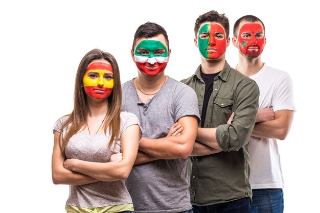 Group of people supporters fans of national teams painted flag face of Portugal, Spain, Marocco, Iran. Fans emotions.