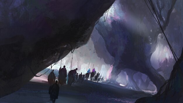 A group of people walking in a strange environment, digital illustration.