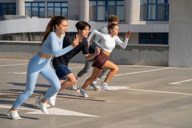 Group of people working out together outdoors