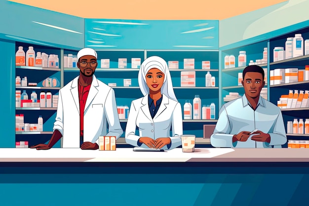 Free photo group of pharmacists in the pharmacy. flat design cartoon illustration