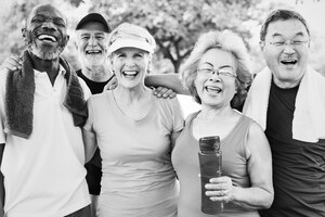 Free photo group photo of senior friends exercising together