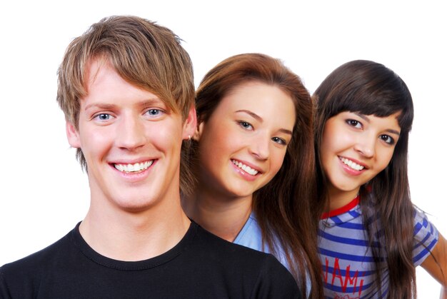 Group portrait of the young happiness people on white