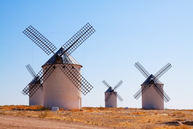 Group of retro windmills in field