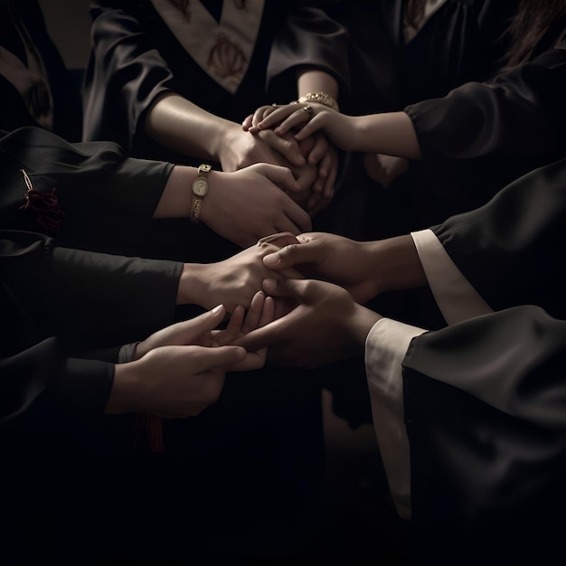 Free photo a group of students putting their hands together in a circle close up