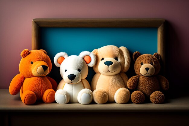 A group of stuffed animals are lined up in a frame.