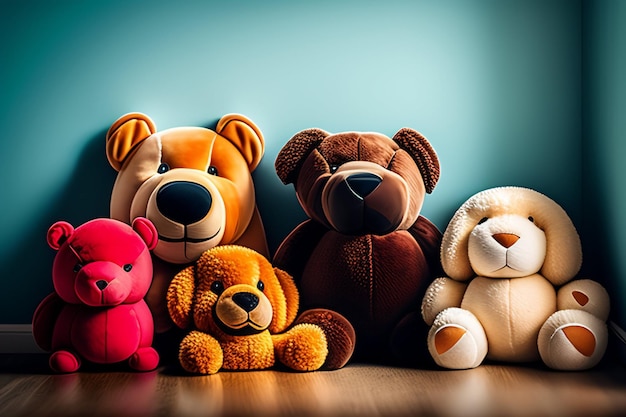 A group of stuffed animals sit on a table.