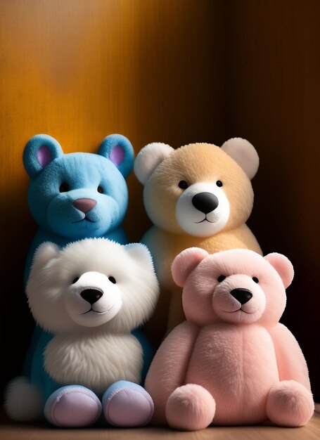 A group of stuffed bears are sitting next to each other.