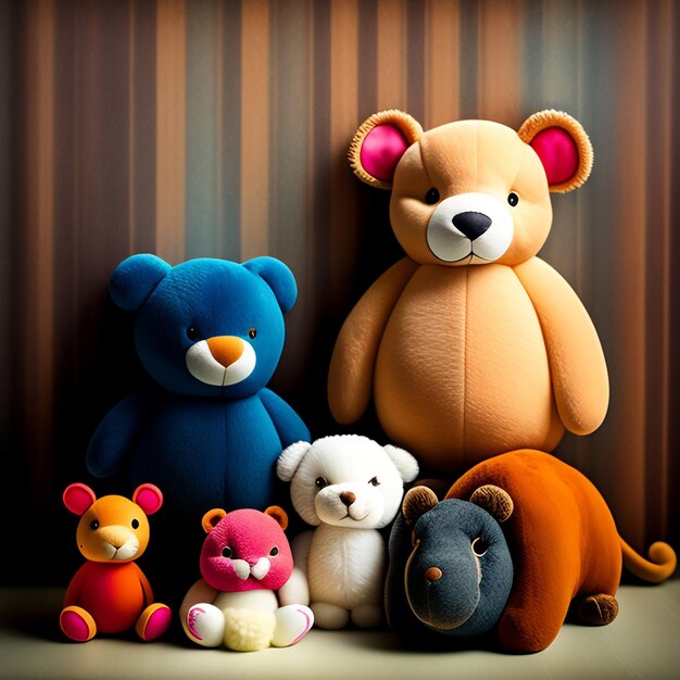A group of stuffed bears are sitting in front of a blue wall