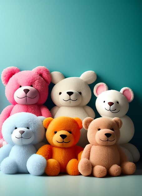 A group of teddy bears are lined up in front of a blue background.