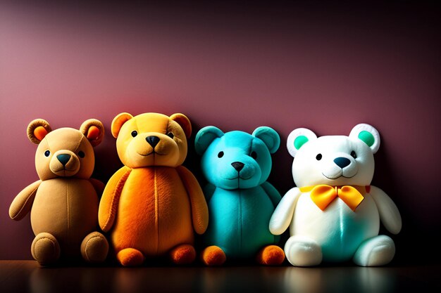 A group of teddy bears are lined up in a row.