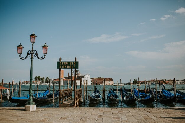 Group of traditional Gondola Service boats in Venice, Italy