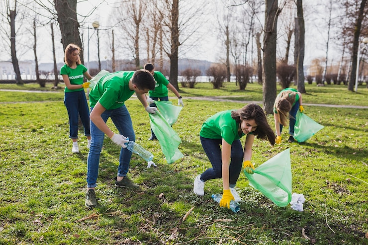 group of volunteers collecting garbage