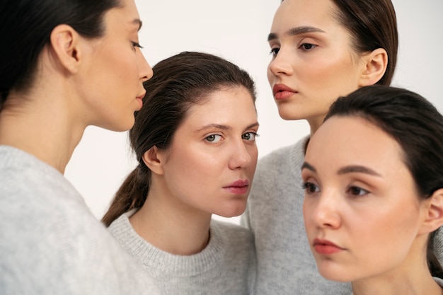 Group of women in sweaters posing for minimalistic portraits