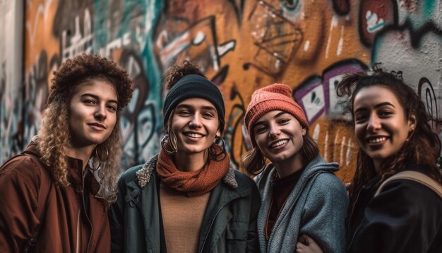 Group of young adults smiling in autumn park generated by AI