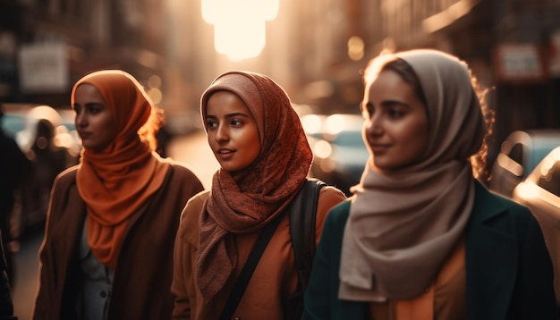 Group of young adults walking in fashionable clothing generated by AI