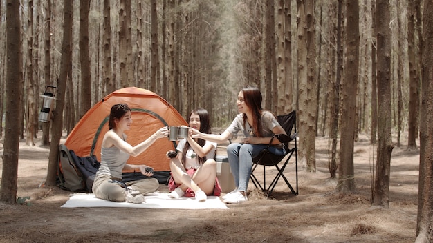 Group of young Asian friends camping or picnic together in forest