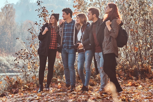 젊은 친구들이 함께 껴안고 아름다운 가을 숲을 바라보고 있습니다. 여행, 하이킹, 모험 개념입니다.