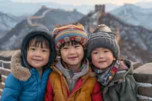 Foto gratuita gruppo di giovani amici che visitano la grande muraglia cinese