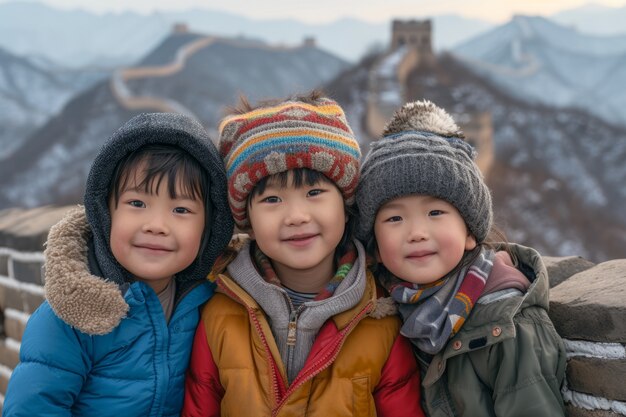 Группа молодых друзей посещает Великую Китайскую стену