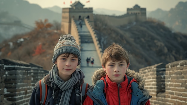 Group of young friends visiting the great wall of china