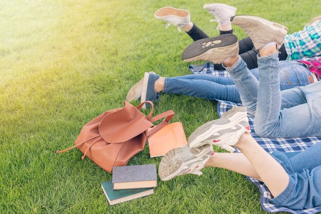 Group of young students learning in park