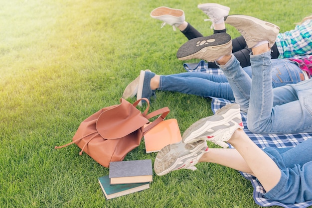 Group of young students learning in park