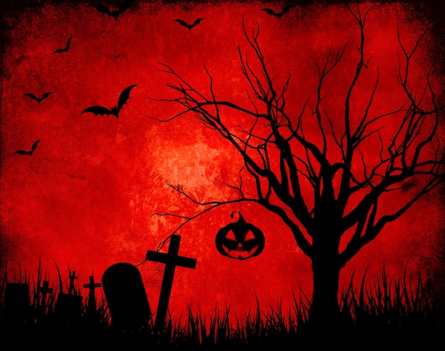 Grunge red background with halloween silhouettes