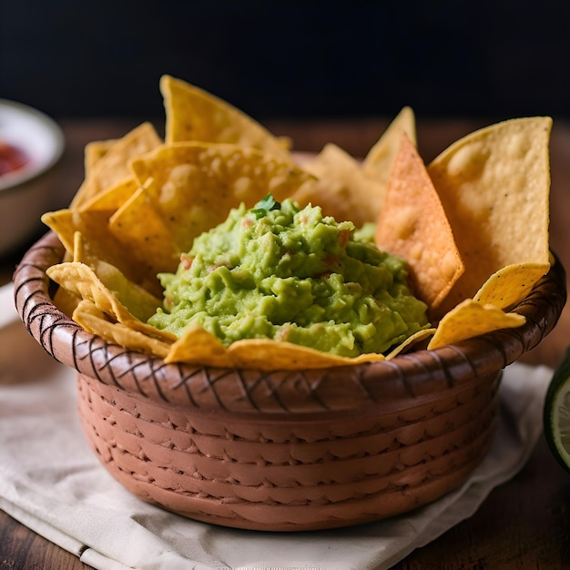 Guacamole with nachos and salsa on wooden background