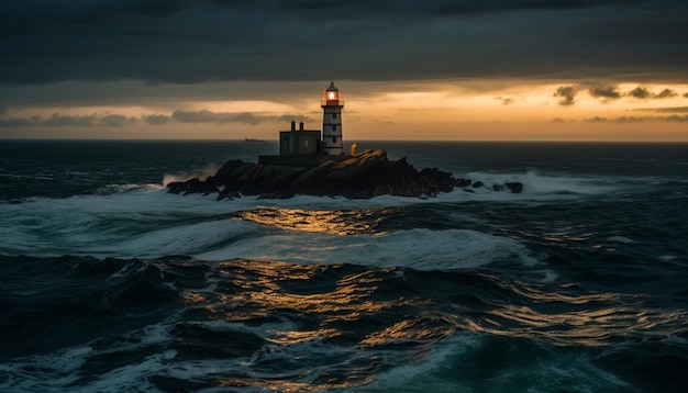 Guidance beacon illuminates dangerous cliff at dusk generated by AI