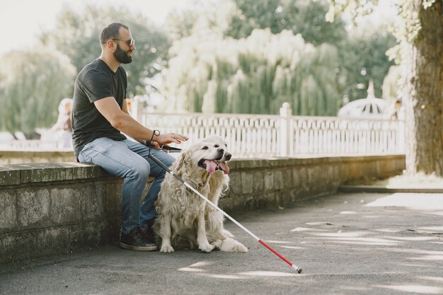 Guide dog helping blind man in the city. Handsome blind guy have rest with golden retriever in the city.