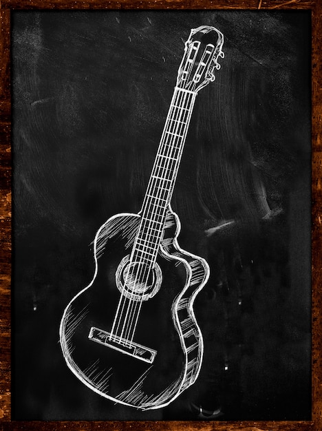 Free photo guitar classic acoustic drawing on blackboard music