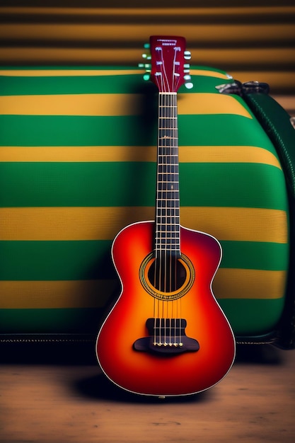 A guitar is laying on a green and yellow striped suitcase.