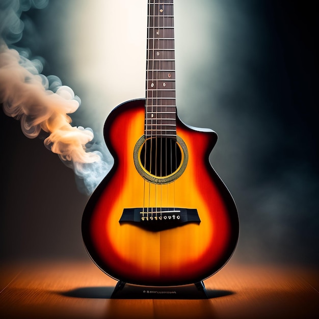 A guitar with a wooden body and the word guitar on it