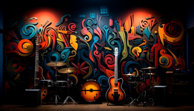 Free photo guitarist playing in a dark nightclub illuminated by spotlight generated by artificial intelligence