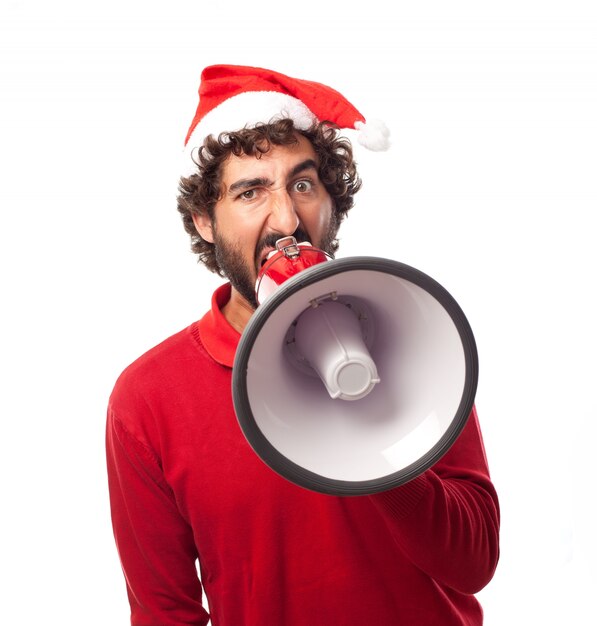 Guy with christmas hat using a megaphone