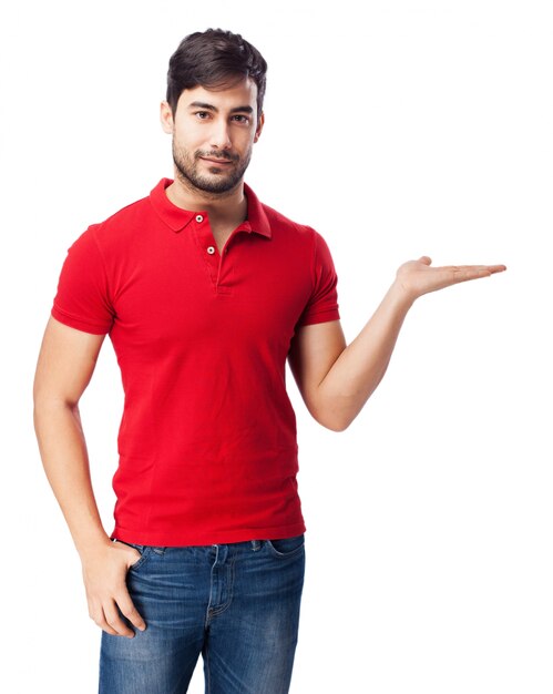 Guy with open hand on white background