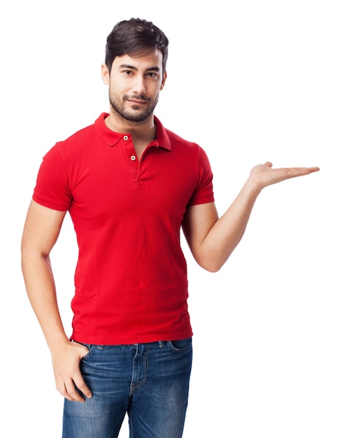 Guy with open hand on white background