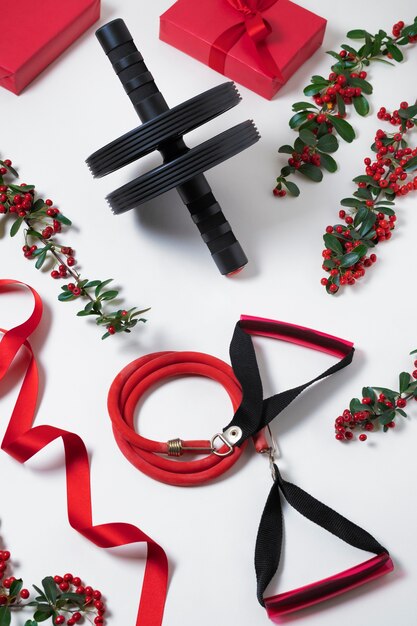 Gym equipment with christmas theme and decorations