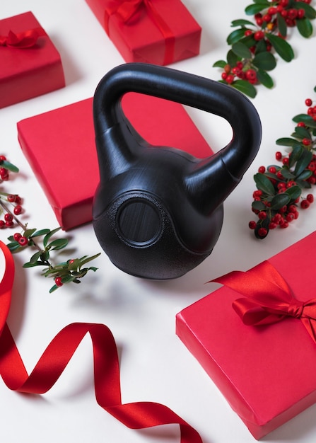 Gym equipment with christmas theme and decorations