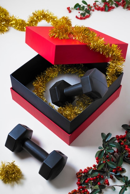 Gym equipment with christmas theme and decorations