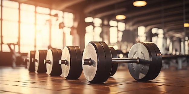 Free photo gym weights in the foreground fitness center behind