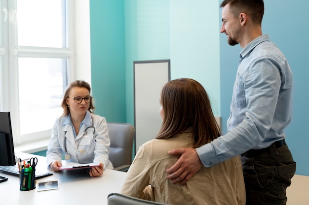 Gynecologist evaluating pregnancy with patient