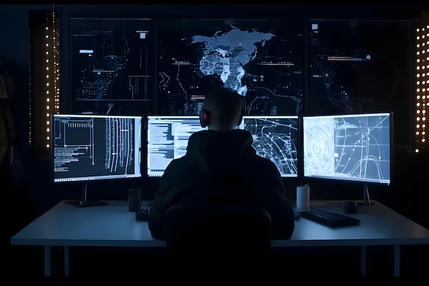Хакер в темной комнате с компьютерными мониторами и картой мира на экране
