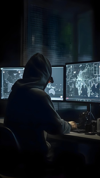 Hacker in hood stealing data from computer monitor Cyber attack concept