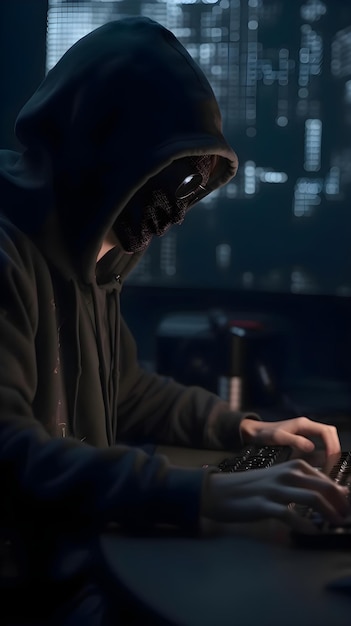 Free photo hacker in a hood stealing data from a computer monitor at night