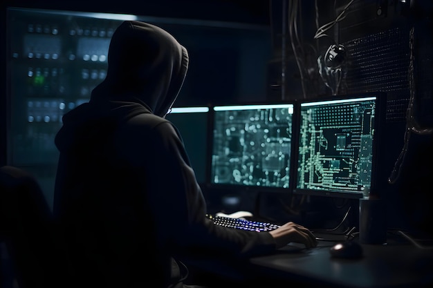 Hacker in hood stealing data from server room Cybercrime concept