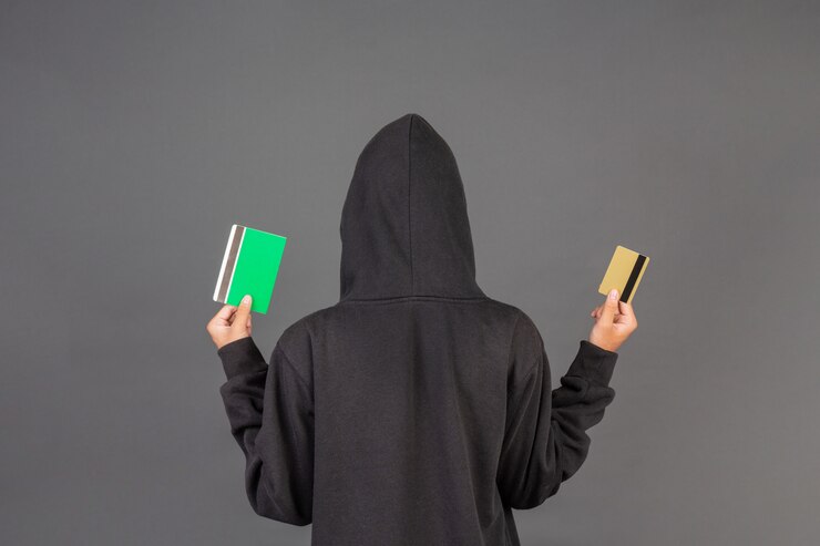 Free Photo hacker is carrying a gold credit card and a bank book