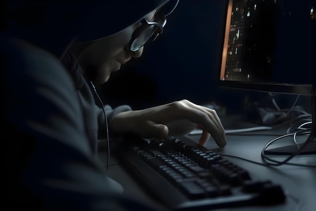 Foto gratuita hacker che ruba dati personali dal computer di notte concetto di crimine informatico