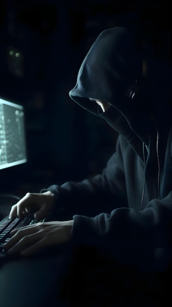 Foto gratuita hacker che usa il computer in una stanza oscura cybercrime e concetto di sicurezza informatica